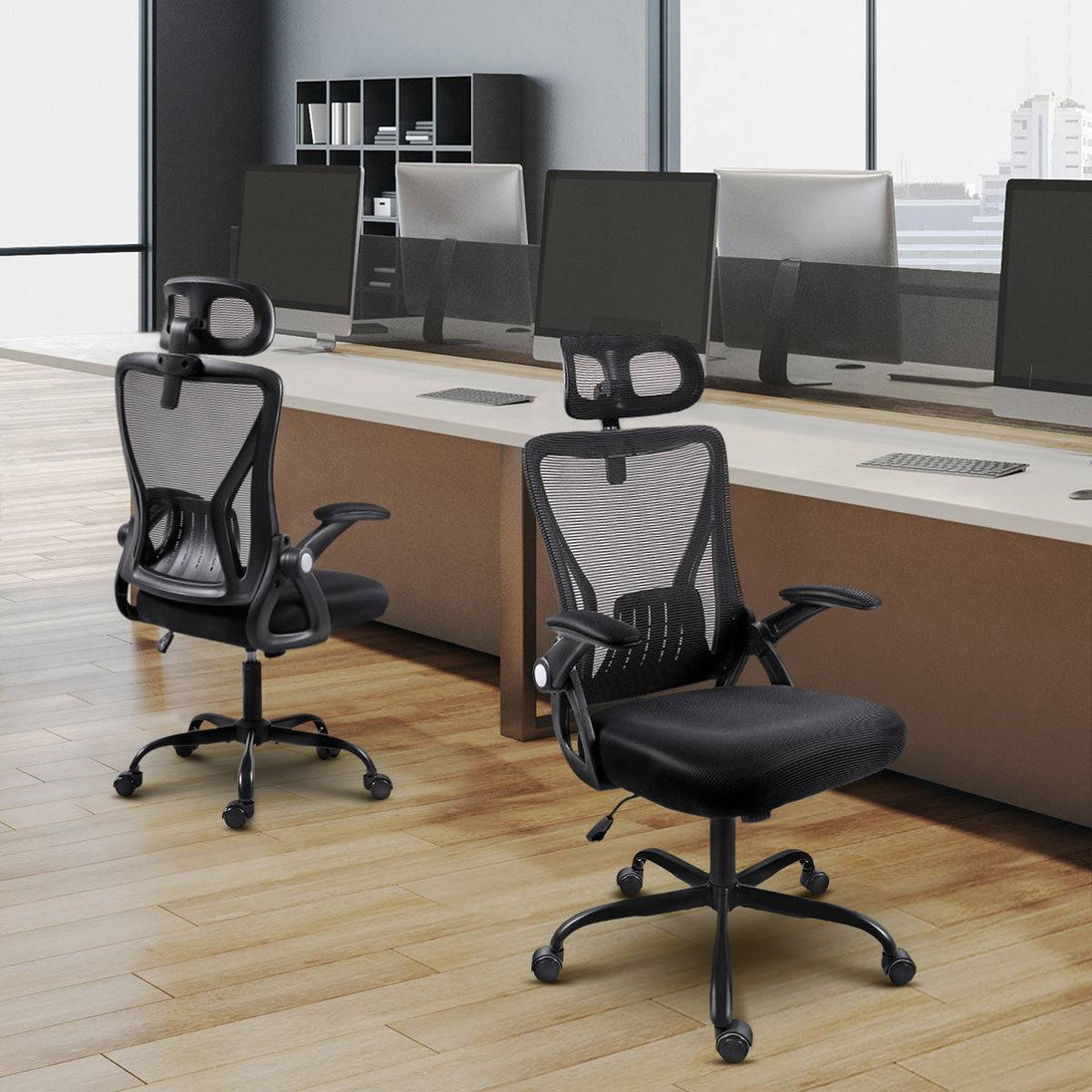 Two GGCIR Mesh Ergonomic Office Chairs in a professional office environment, emphasizing their modern design and functionality.