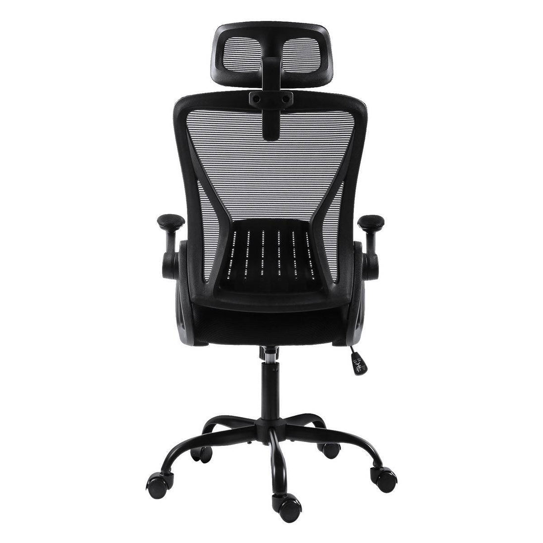 Back view of the GGCIR Mesh Ergonomic Office Chair with a high backrest, adjustable headrest, and flip-up armrests in black.