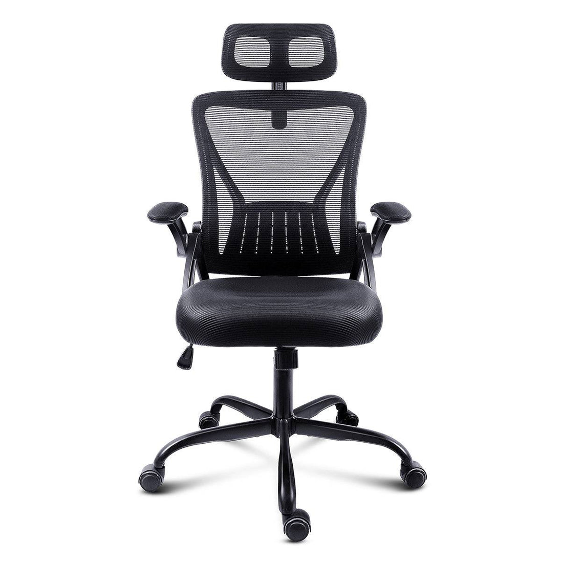 GGCIR Mesh Ergonomic Office Chair in black with headrest and flip-up arms, featuring a breathable mesh back and cushioned seat.