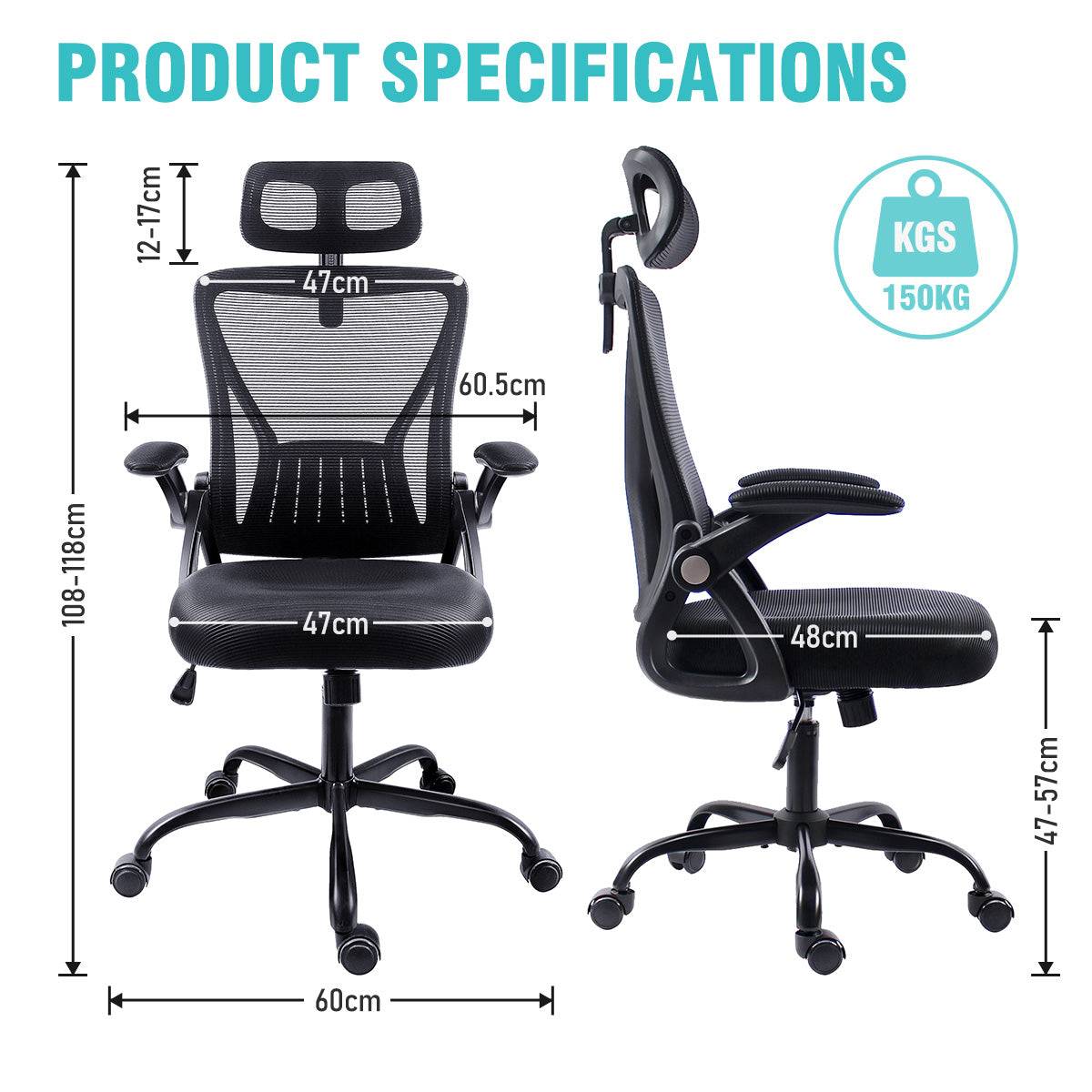 Product specifications of the GGCIR Office Chair, detailing dimensions, weight capacity of 150kg, and adjustable height range.