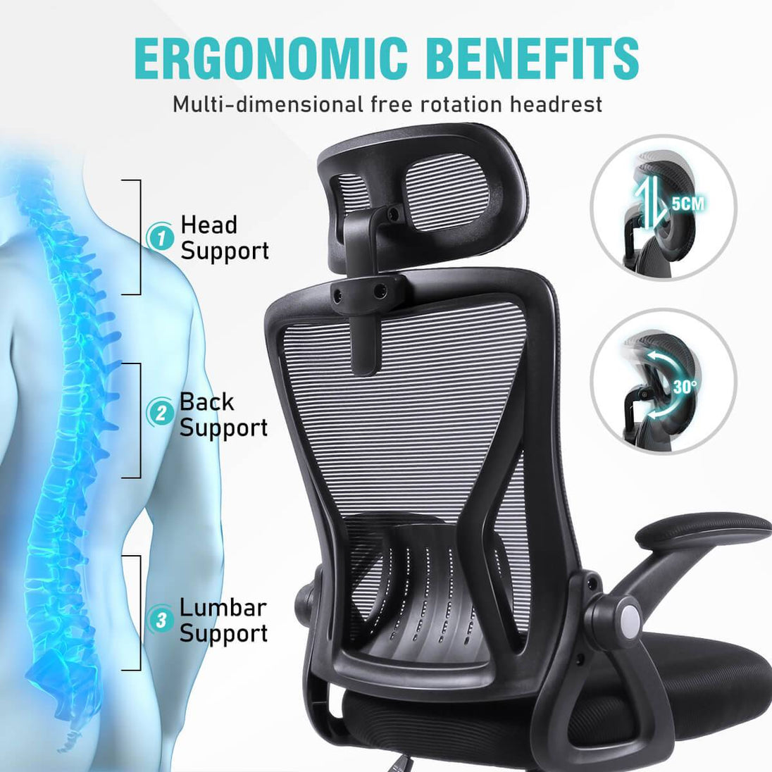 GGCIR Mesh Ergonomic Office Chair with Adjustable Headrest(Black) - 5784